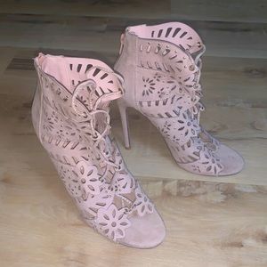 Just Fab Lace-up Silettos. Back zipping in nude suede